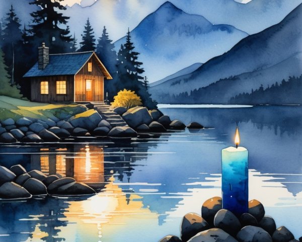Cozy Cabin by Tranquil Lake at Sunset in Watercolor