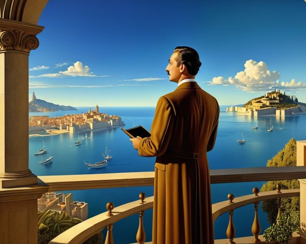 Man in Brown Coat Overlooks Serene Coastal City