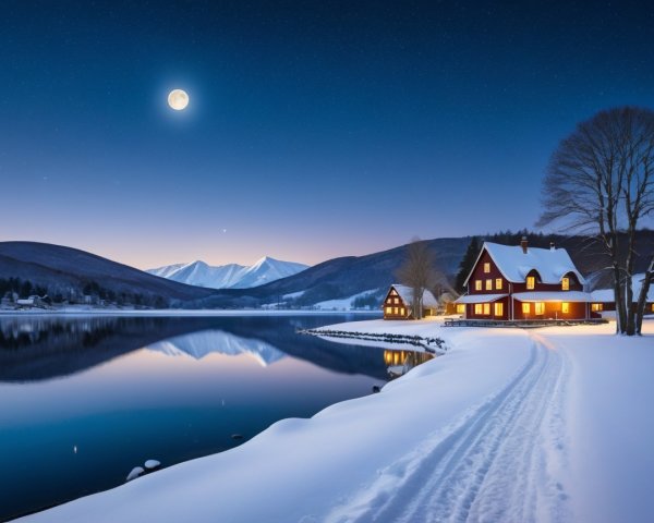 Tranquil Winter Scene with Moonlit Lake and Mountains