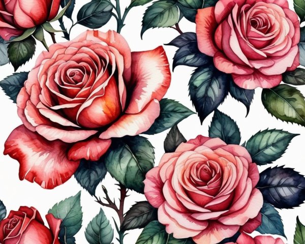 Vibrant Pattern of Pink Roses with Green Leaves