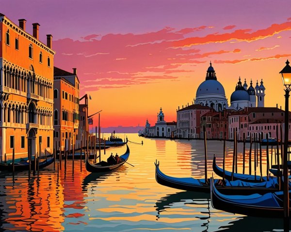 Sunset Over a Serene Venetian Canal with Gondolas