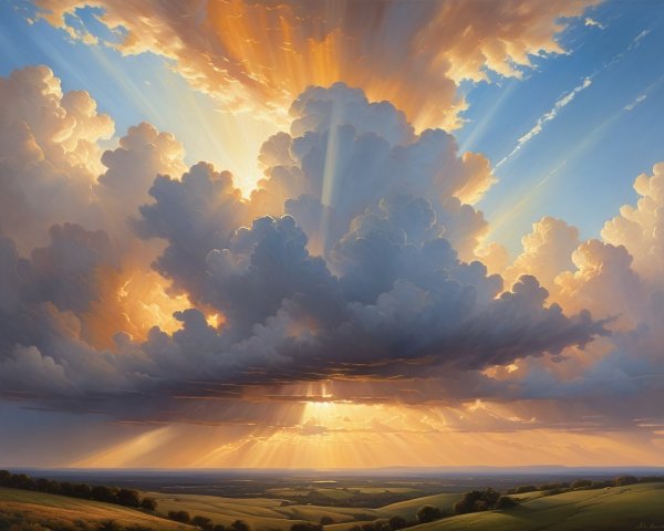 Dramatic Landscape with Golden Sunlit Clouds and Hills