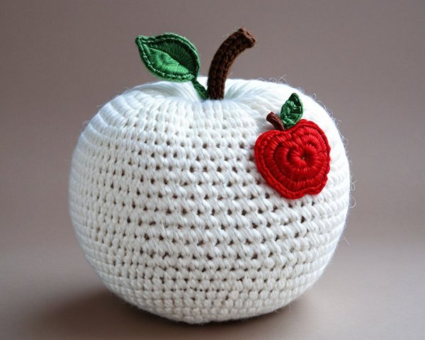 Crocheted apple figure with heart and green leaves