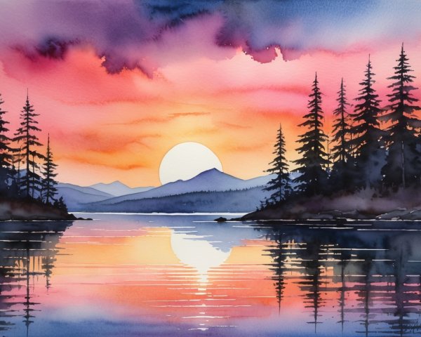 Tranquil Lake at Sunset with Silhouetted Trees