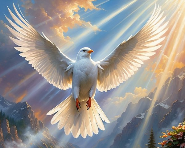Majestic white dove soaring in a bright sky