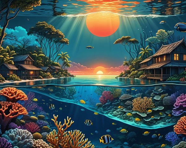 Vibrant Seaside Village at Sunset with Coral Reefs