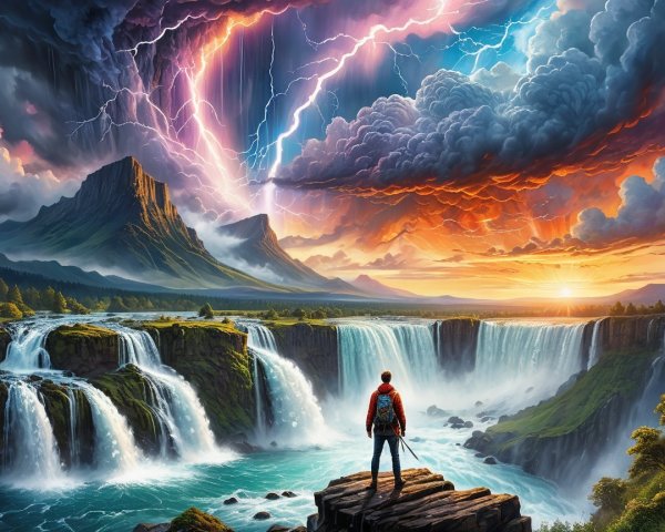 Fantasy Landscape with Waterfall and Dramatic Skies