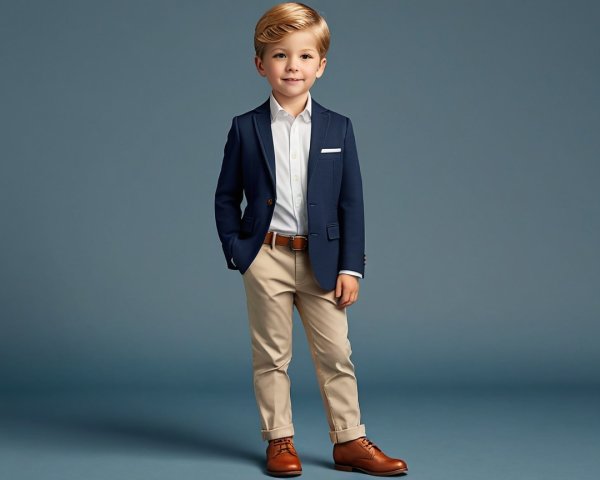 Young boy in formal attire against blue-gray background