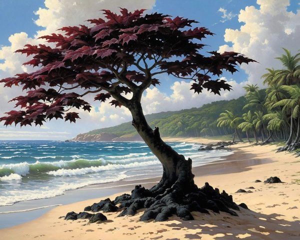 Serene Beach Scene with Vibrant Red-Leaved Tree