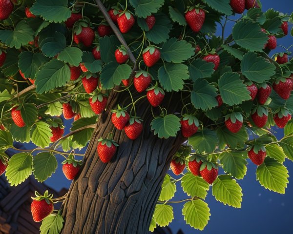 Whimsical tree with ripe strawberries and green leaves