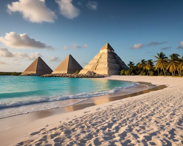 Beach Scene with Pyramids and Turquoise Sea