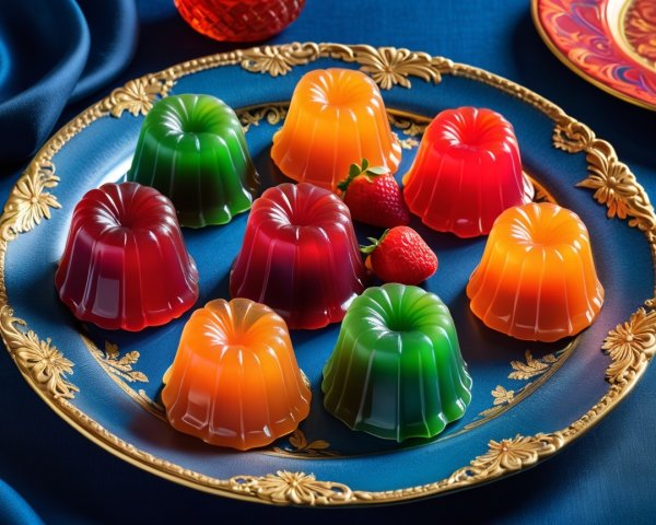 Vibrant Jelly Desserts on Decorative Blue Plate