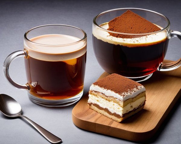Coffee and Dessert on a Wooden Tray with Gray Background