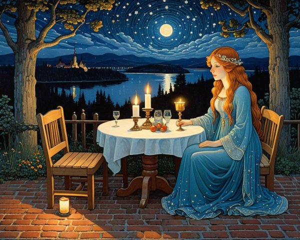 Serene Night Scene with Woman by Tranquil Lake