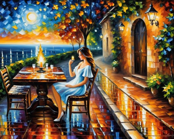 Serene Outdoor Scene with Woman in Blue Dress