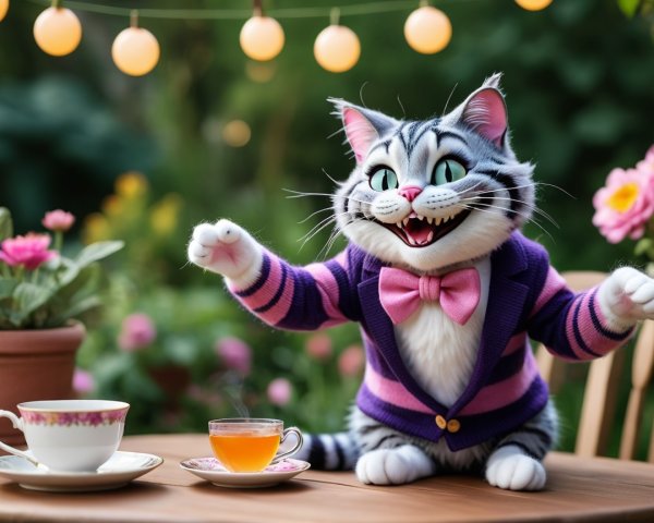 3D Animated Cheshire Cat with Tea on Wooden Table