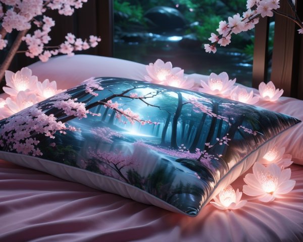 Vibrant Pillow with Cherry Blossoms and Moonlit Forest