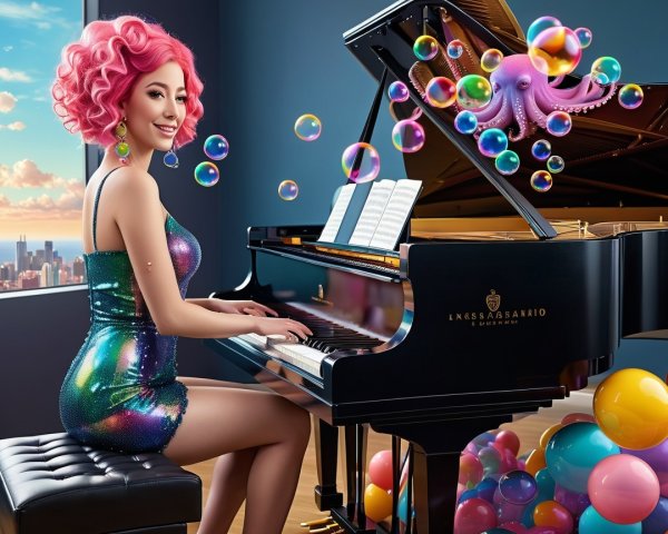 Glamorous Woman with Pink Hair at Grand Piano