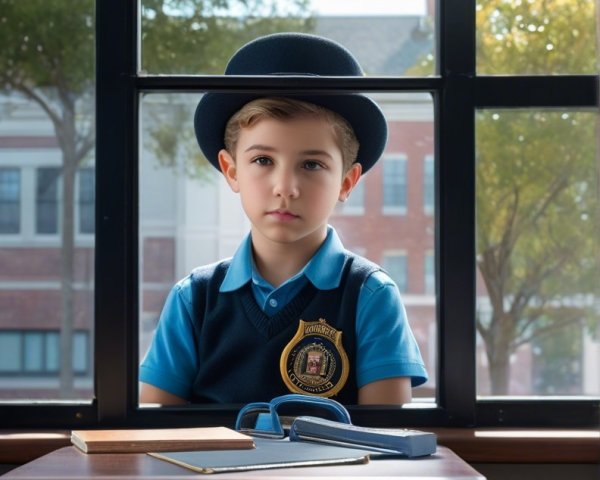 Young Boy in School Uniform at Desk by Window