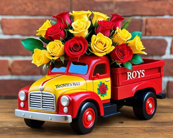 Vibrant Toy Truck with Faux Flowers on Rustic Background