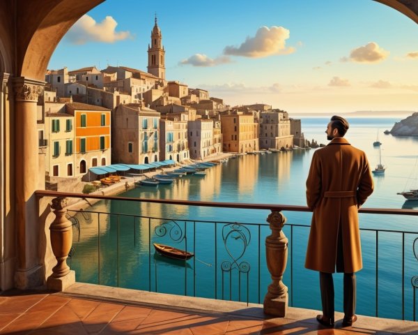 Man on Balcony Overlooking Coastal Village at Sunset