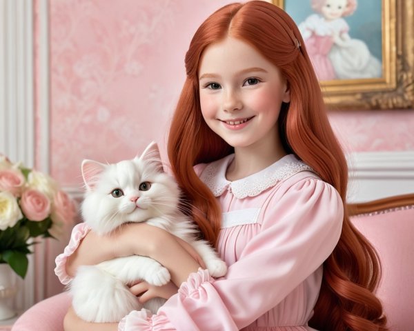 Young girl with red hair and white cat in pastel setting