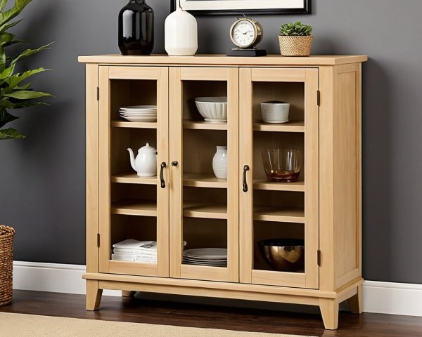 Wooden Cabinet with Glass Doors and Decorative Items