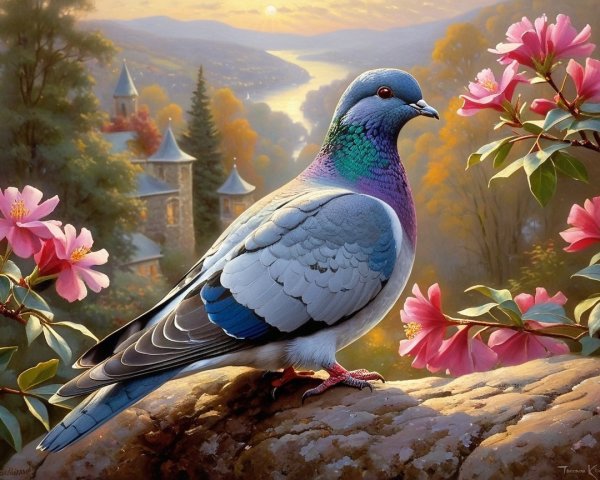 Detailed Pigeon on Stone with Serene Landscape Background