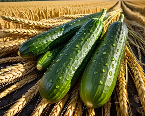 Fresh Cucumbers Against Golden Wheat Stalks Background