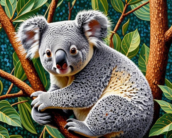 Koala Resting on Tree Branch with Eucalyptus Leaves