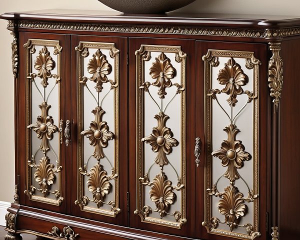 Elegant Wooden Cabinet with Intricate Carvings and Mirrors