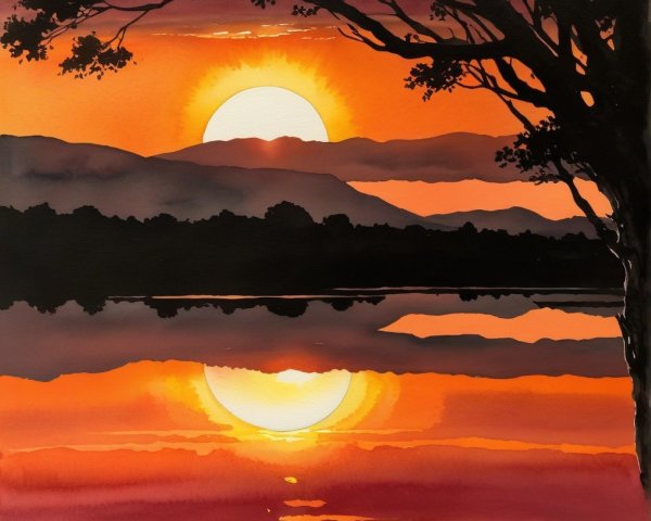 Vibrant Sunset Over Mountains and Calm Water Reflection