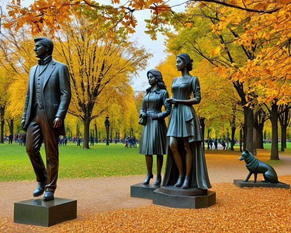 Bronze Statues in Autumn Park with Fallen Leaves