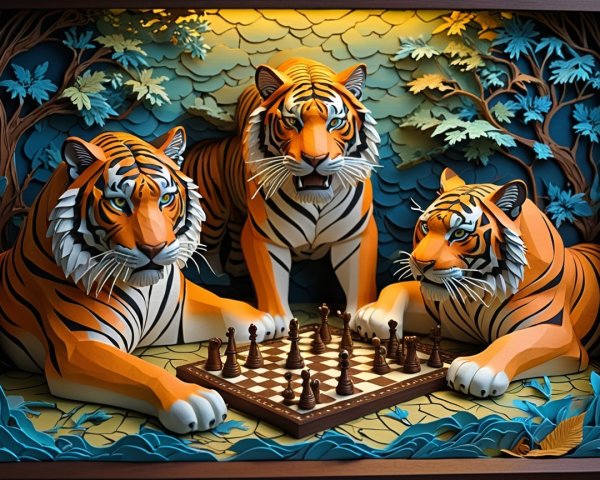 Tigers Playing Chess in a Lush Natural Setting
