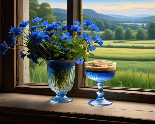 Serene Window View with Green Hills and Blue Flowers