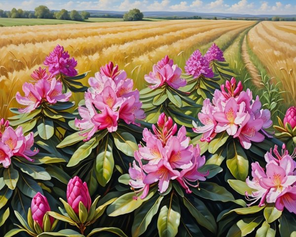 Vibrant Landscape of Wheat Field and Rhododendrons