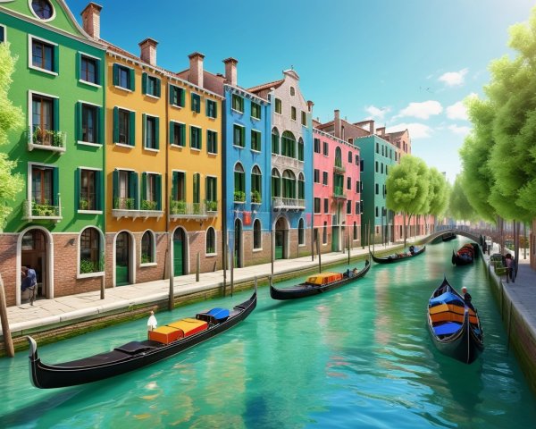 Vibrant Canal Scene with Colorful Buildings and Gondolas