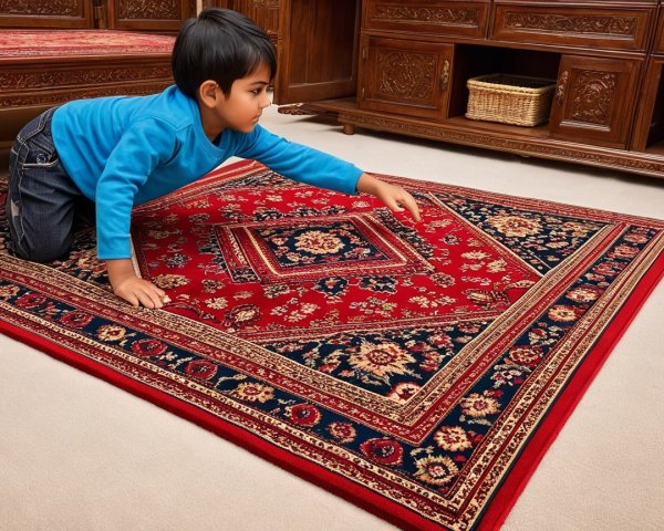 Young boy crawling on a red patterned rug indoors