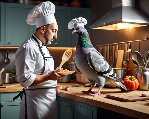 Chef in Kitchen with Colorful Pigeon and Ingredients
