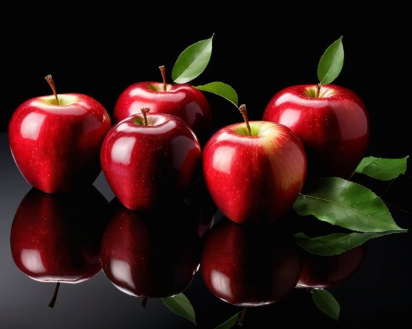 Five Shiny Red Apples on Reflective Black Surface