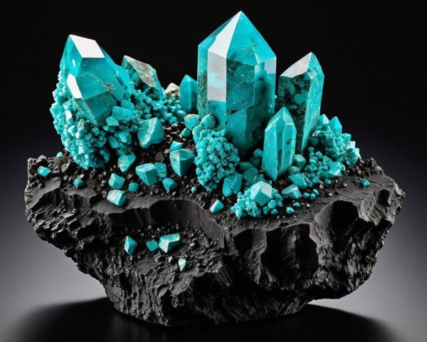 Turquoise Crystals with Angular Formations on Dark Base