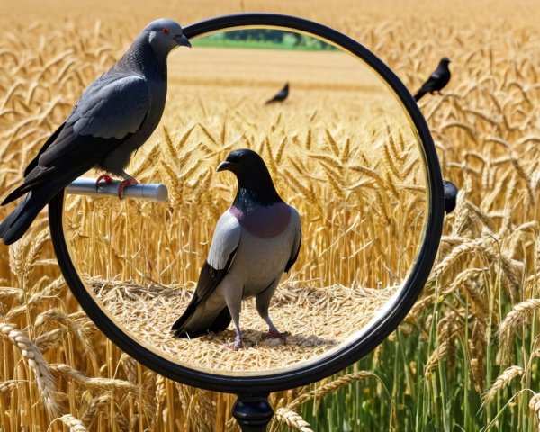 Pigeons on Reflective Frame in Golden Wheat Field