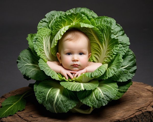 Baby in a Cabbage Surrounded by Green Leaves