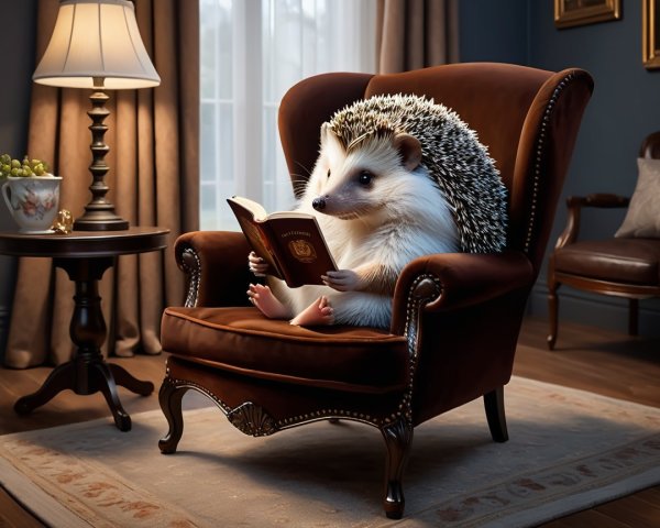 Fluffy Hedgehog Reading in Ornate Leather Armchair
