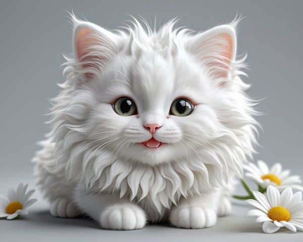 Whimsical Illustration of a Fluffy White Kitten