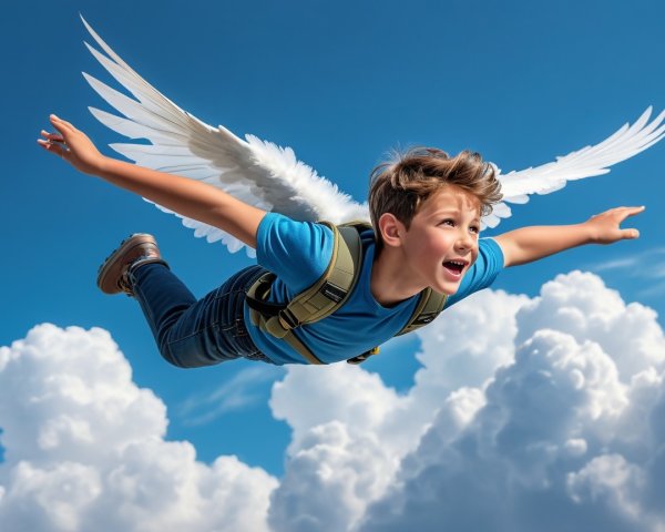 Young Boy with Angel Wings in Bright Blue Sky