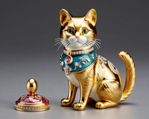 Golden Cat Figurine with Turquoise Collar and Lid