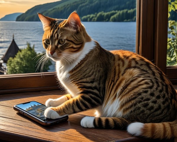 Tabby Cat Observing City View Through Window