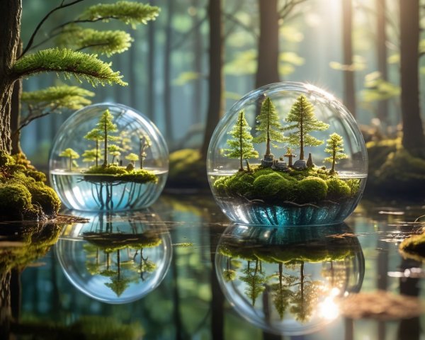 Transparent Glass Terrariums with Miniature Ecosystems