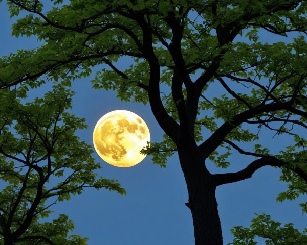 Bright Yellow Moon with Craters in Dark Sky and Trees